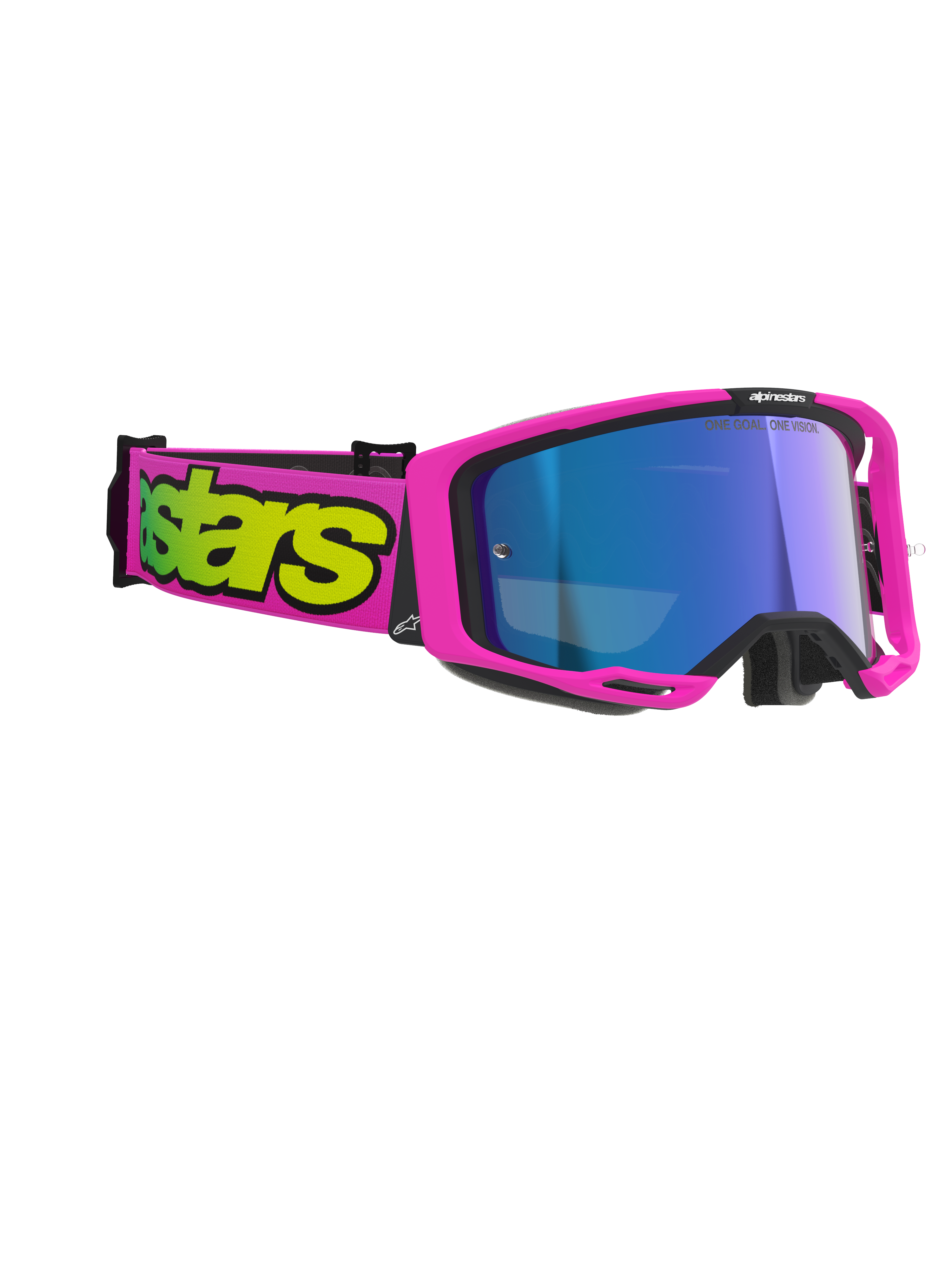 Alpinestars Vision 8 Vista Goggles, gogle motocrossowe, różowy fluo i żółty fluo z lustrzaną niebieską szybką, jaskraworóżowa oprawka i pasek z wyrazistym żółtym brandingiem, profesjonalna ochrona oczu off-road