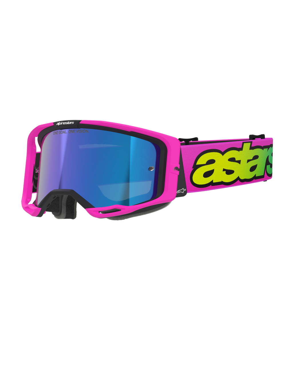 Alpinestars Vision 8 Vista Goggles, gogle motocrossowe, różowe i żółte fluo z niebieską lustrzaną soczewką, jaskraworóżowa oprawka, szeroki różowy pasek z wyraźnym żółtym brandingiem, wysokiej klasy okulary off-road