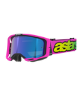 Alpinestars Vision 8 Vista Goggles, gogle motocrossowe, różowe i żółte fluo z niebieską lustrzaną soczewką, jaskraworóżowa oprawka, szeroki różowy pasek z wyraźnym żółtym brandingiem, wysokiej klasy okulary off-road