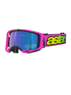 Alpinestars Vision 8 Vista Goggles, gogle motocrossowe, różowe i żółte fluo z niebieską lustrzaną soczewką, jaskraworóżowa oprawka, szeroki różowy pasek z wyraźnym żółtym brandingiem, wysokiej klasy okulary off-road