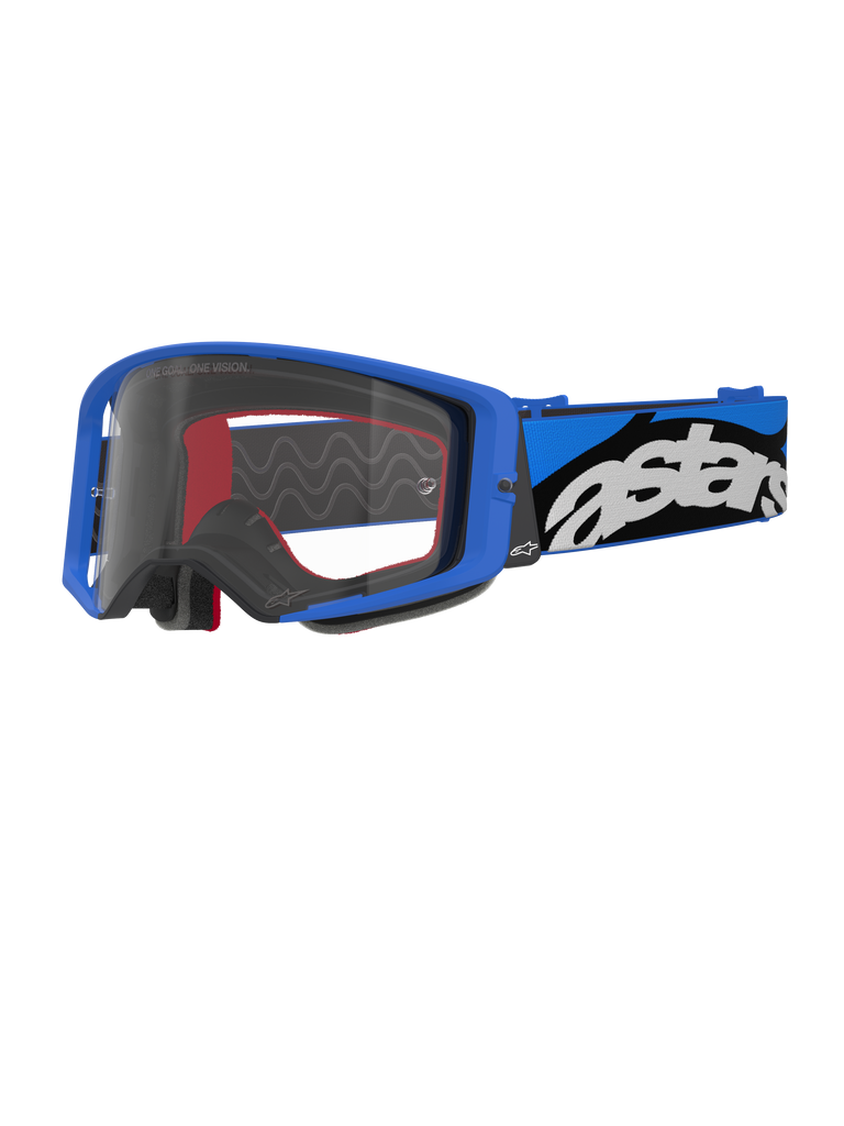 Alpinestars Supertech Stream Goggles, gogle motocrossowe, niebieskie i przezroczyste, jasnoniebieska oprawka z przezroczystą szybką, szeroki niebiesko-czarny regulowany pasek z wyraźnym białym logo „astars”, czerwone akcenty pianki wewnątrz, profesjonalne gogle do jazdy off-road i motocrossu