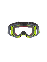 Gogle Alpinestars Supertech Stream, gogle motocrossowe, szaro-żółta fluorescencyjna oprawka z przezroczystą szybką, widok z przodu ukazujący konstrukcję o szerokim polu widzenia i techniczną budowę oprawki, ochrona oczu do wyścigów terenowych