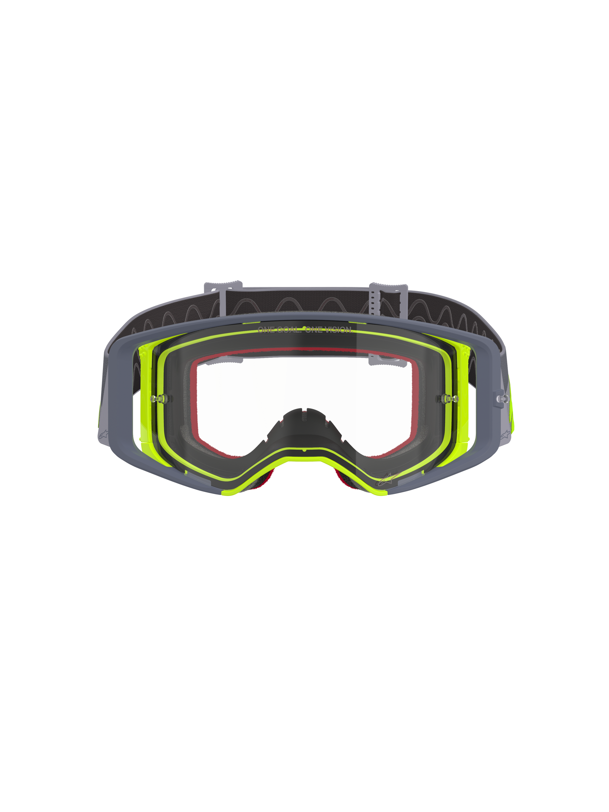 Gogle Alpinestars Supertech Stream, gogle motocrossowe, szaro-żółta fluorescencyjna oprawka z przezroczystą szybką, widok z przodu ukazujący konstrukcję o szerokim polu widzenia i techniczną budowę oprawki, ochrona oczu do wyścigów terenowych