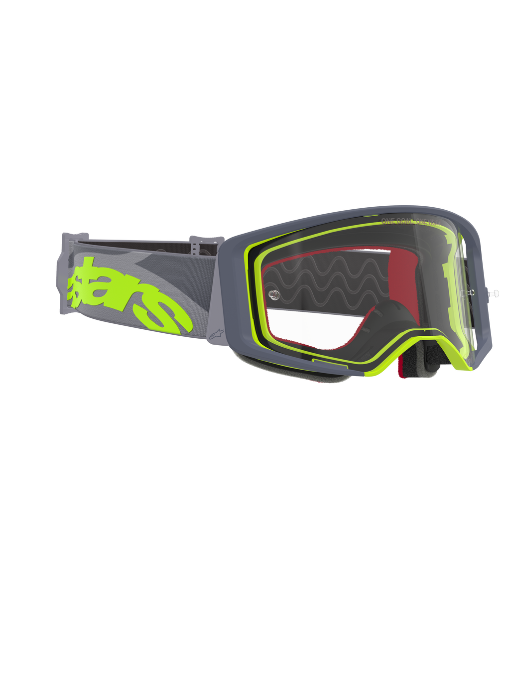Alpinestars Supertech Stream Goggles, Motocross Goggles, Gray and Fluo Yellow frame with clear lens, featuring a wide gray strap with a large fluo yellow logo, designed for off-road and motocross racing performance