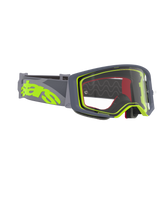 Alpinestars Supertech Stream Goggles, gogle motocrossowe, szara i neonowo-żółta oprawka z przezroczystą szybką, szeroki szary pasek z dużym neonowo-żółtym logo, zaprojektowane do wyczynowej jazdy off-road i motocrossu