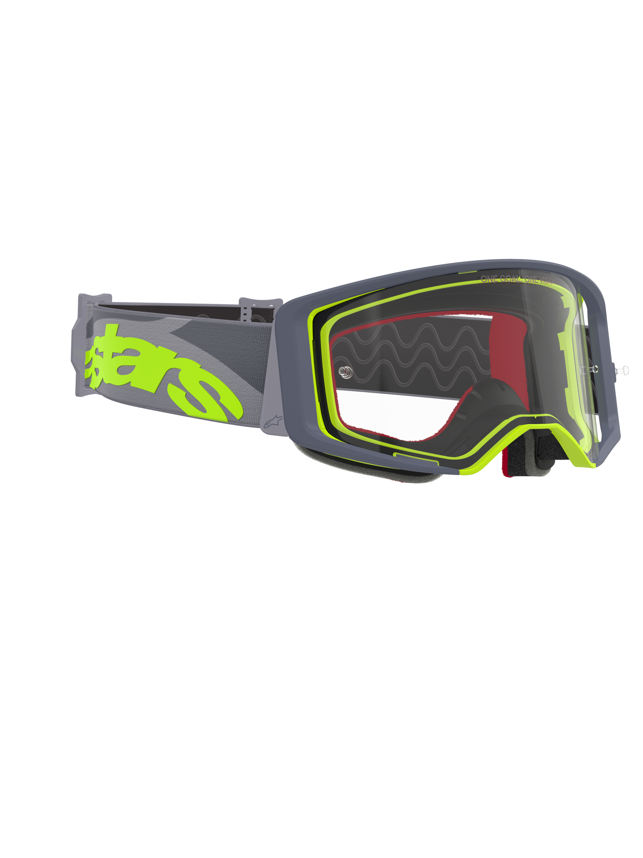 Alpinestars Supertech Stream Goggles, gogle motocrossowe, szara i neonowo-żółta oprawka z przezroczystą szybką, szeroki szary pasek z dużym neonowo-żółtym logo, zaprojektowane do wyczynowej jazdy off-road i motocrossu