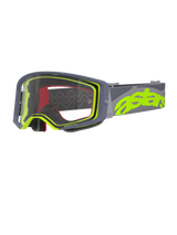 Gogle Alpinestars Supertech Stream, gogle motocrossowe, szare i żółte fluo, przezroczysta szybka z szarą oprawką, czerwona pianka wewnętrzna, szeroki szary pasek z wyraźnym neonowożółtym brandingiem astars, profesjonalne gogle wyścigowe off-road.