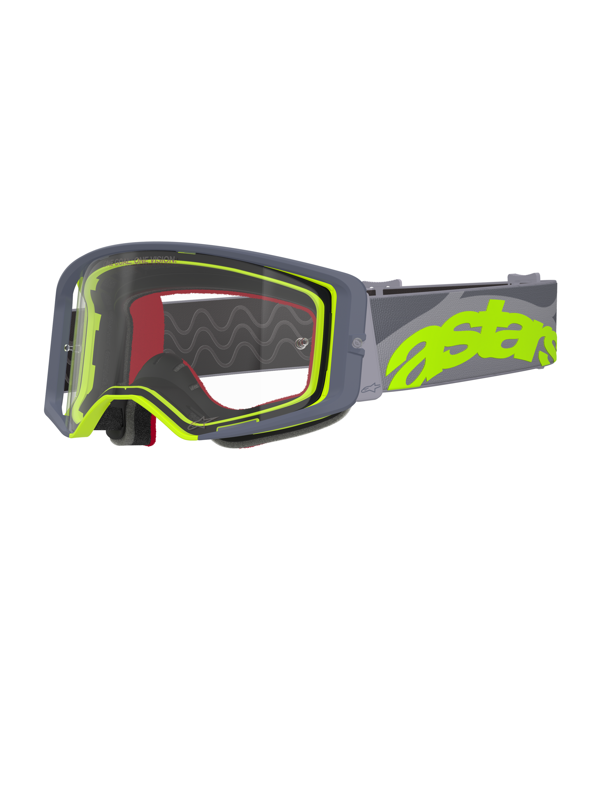 Gogle Alpinestars Supertech Stream, gogle motocrossowe, szare i żółte fluo, przezroczysta szybka z szarą oprawką, czerwona pianka wewnętrzna, szeroki szary pasek z wyraźnym neonowożółtym brandingiem astars, profesjonalne gogle wyścigowe off-road.