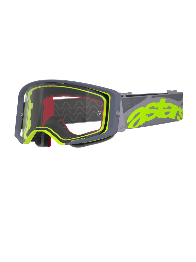 Gogle Alpinestars Supertech Stream, gogle motocrossowe, szare i żółte fluo, przezroczysta szybka z szarą oprawką, czerwona pianka wewnętrzna, szeroki szary pasek z wyraźnym neonowożółtym brandingiem astars, profesjonalne gogle wyścigowe off-road.