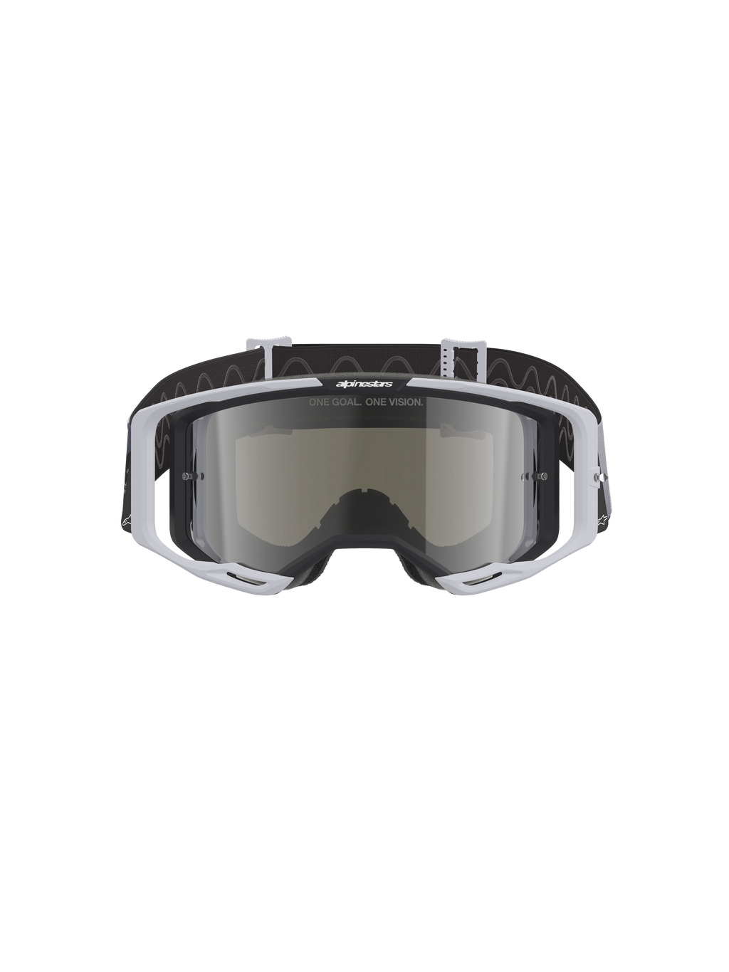 Alpinestars Vision 8 Lahnd Goggles, gogle motocrossowe, Iron Camo Mirror Silver, jasnoszara oprawka z lustrzaną srebrną soczewką, czarny pasek z falistym wzorem, profesjonalne gogle do jazdy off-road i motocrossu