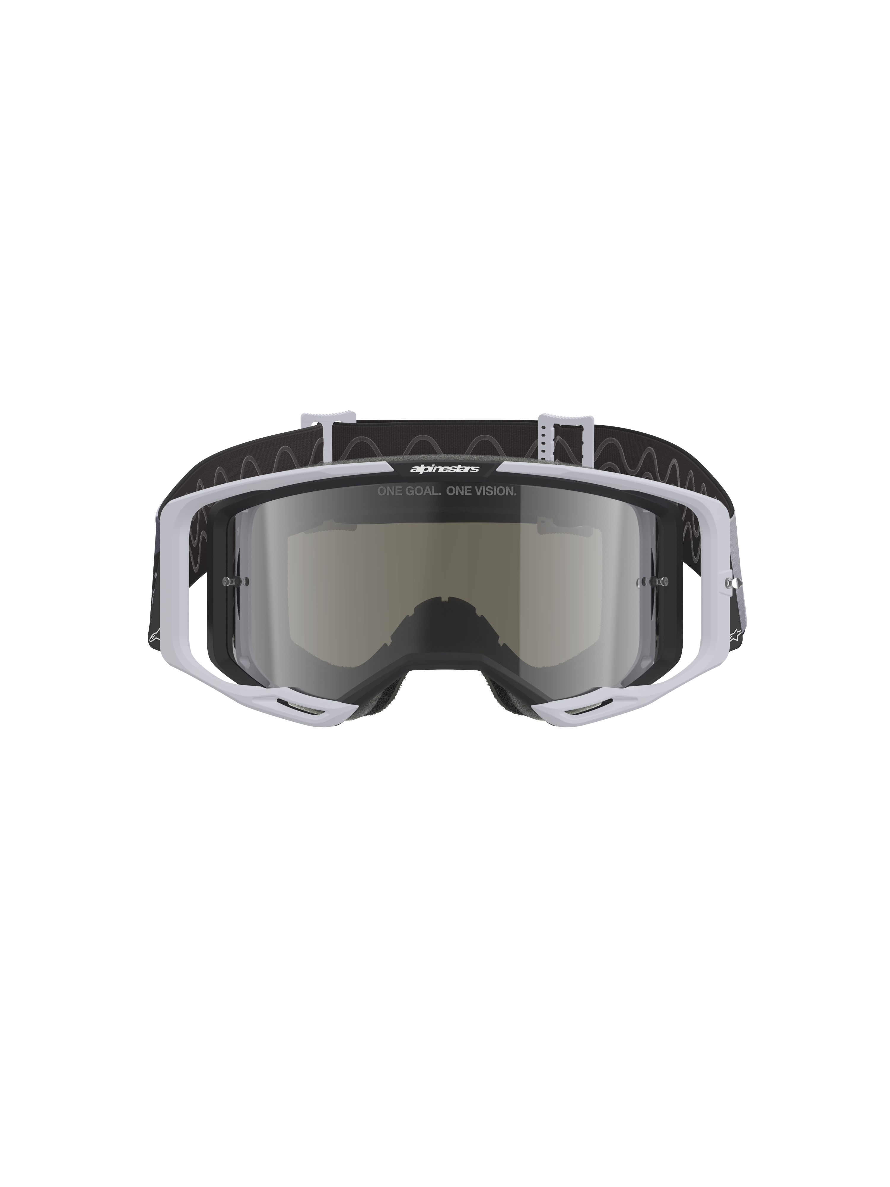 Alpinestars Vision 8 Lahnd Goggles, gogle motocrossowe, Iron Camo Mirror Silver, jasnoszara oprawka z lustrzaną srebrną soczewką, czarny pasek z falistym wzorem, profesjonalne gogle do jazdy off-road i motocrossu