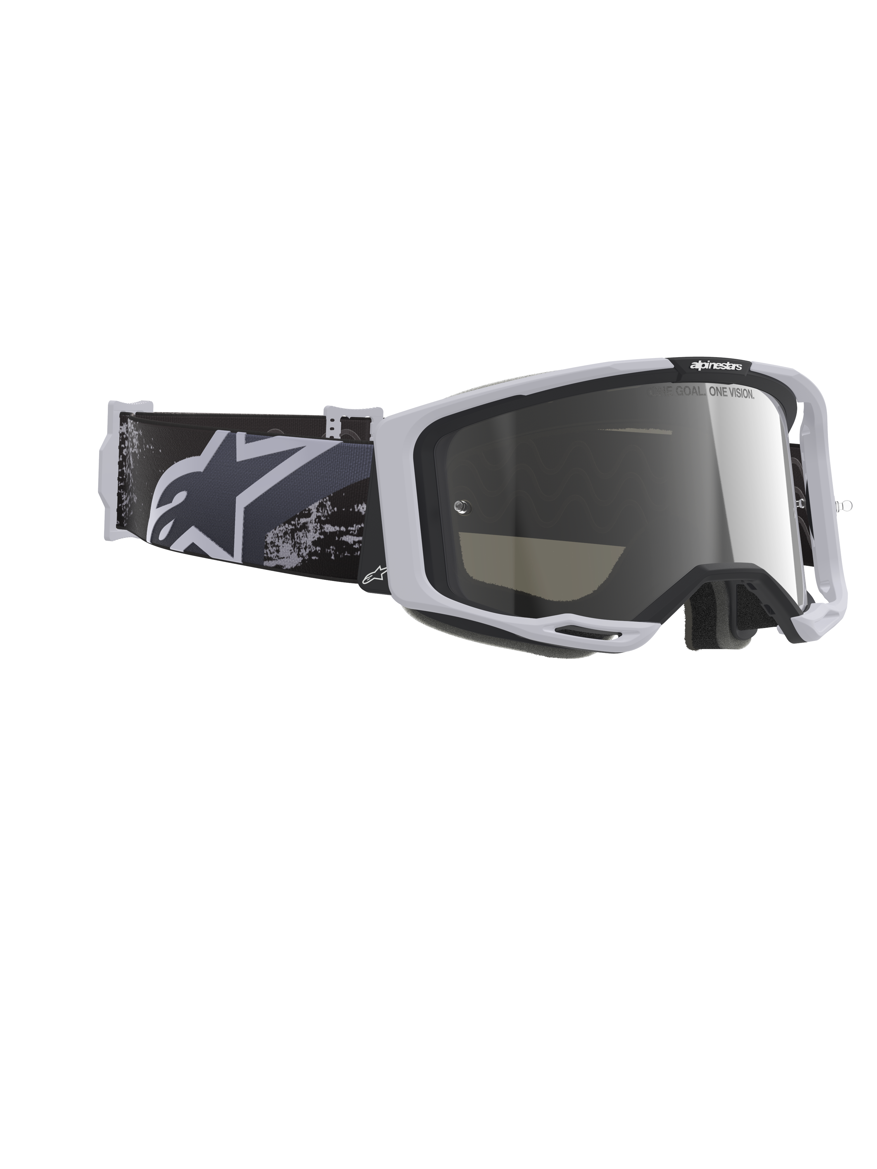 Alpinestars Vision 8 Lahnd Goggles, gogle motocrossowe, Iron Camo Mirror Silver, jasnoszara oprawka z lustrzaną srebrną szybką, czarno-szary pasek z wzorem kamuflażu i białym logo Alpinestars, wyczynowa ochrona oczu off-road