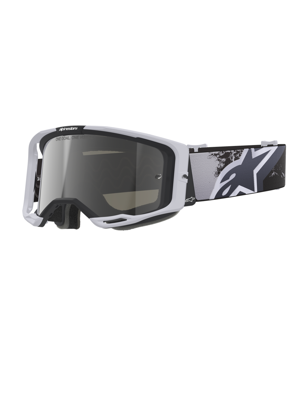 Gogle Alpinestars Vision 8 Lahnd, gogle motocrossowe, Iron Camo Mirror Silver, biała oprawka ze srebrną lustrzaną soczewką, pasek w kamuflażu w odcieniach szarości z dużym białym logo gwiazdy, wysokiej jakości gogle do wyścigów terenowych