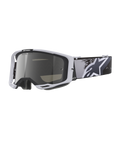 Gogle Alpinestars Vision 8 Lahnd, gogle motocrossowe, Iron Camo Mirror Silver, biała oprawka ze srebrną lustrzaną soczewką, pasek w kamuflażu w odcieniach szarości z dużym białym logo gwiazdy, wysokiej jakości gogle do wyścigów terenowych