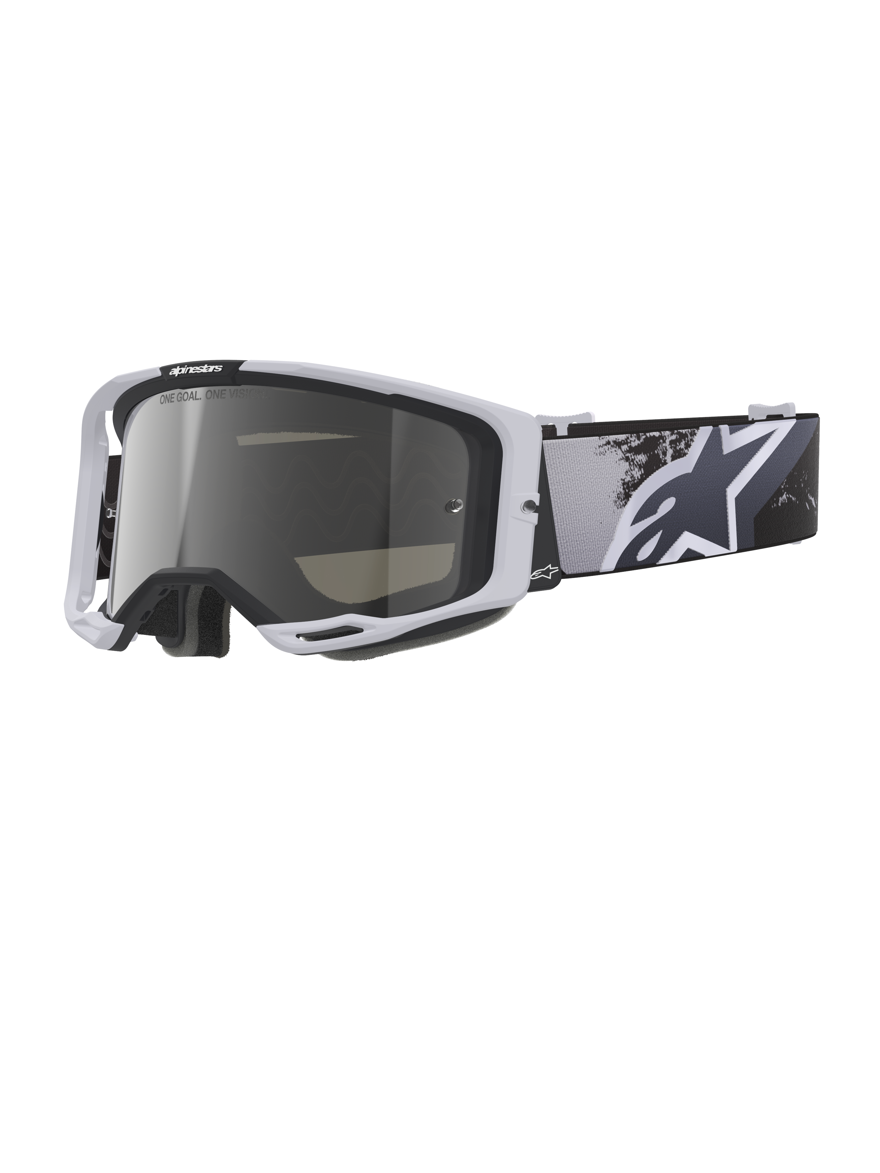 Gogle Alpinestars Vision 8 Lahnd, gogle motocrossowe, Iron Camo Mirror Silver, biała oprawka ze srebrną lustrzaną soczewką, pasek w kamuflażu w odcieniach szarości z dużym białym logo gwiazdy, wysokiej jakości gogle do wyścigów terenowych