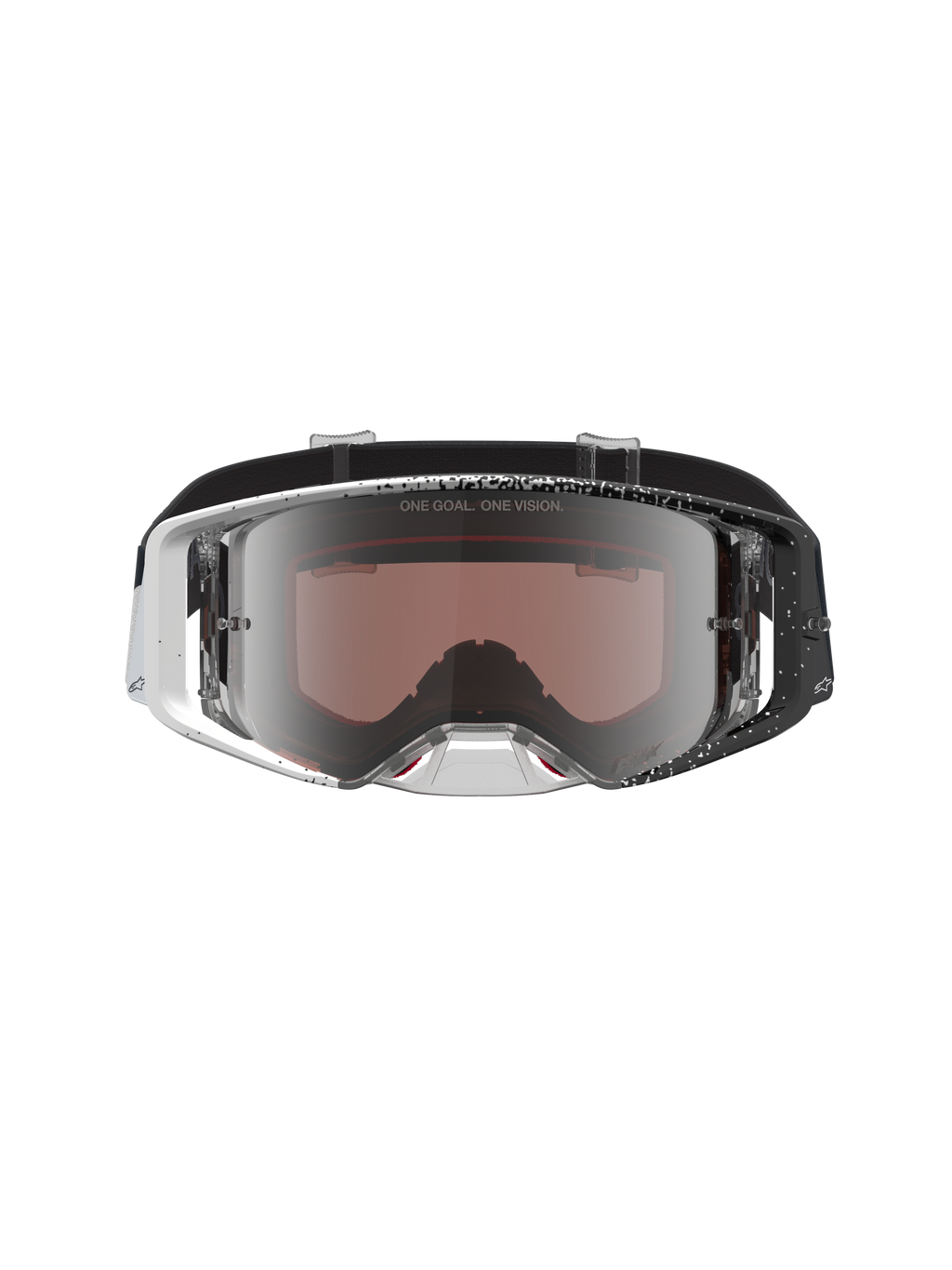 Alpinestars Supertech Hiten Goggles, motocross goggles with a white and black speckled frame and mirror silver lens.