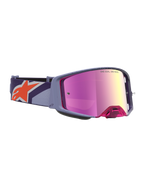 Alpinestars Supertech Hiten Motocross Goggles, purple frame with red mirror pink lens and orange star logo on the strap.