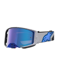 Gogle Alpinestars Supertech Hiten, profesjonalne gogle motocrossowe, szare i niebieskie, niebieska lustrzana soczewka.