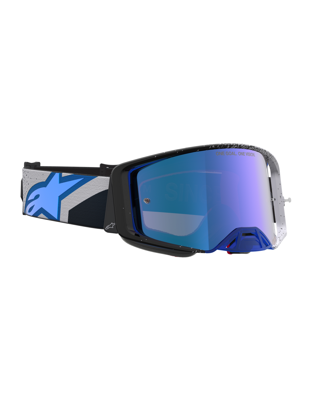 Alpinestars Supertech Hiten, gogle motocrossowe, czarne i niebieskie, niebieska lustrzana soczewka, regulowany pasek z logo, sprzęt off-road