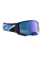 Alpinestars Supertech Hiten, gogle motocrossowe, czarne i niebieskie, niebieska lustrzana soczewka, regulowany pasek z logo, sprzęt off-road