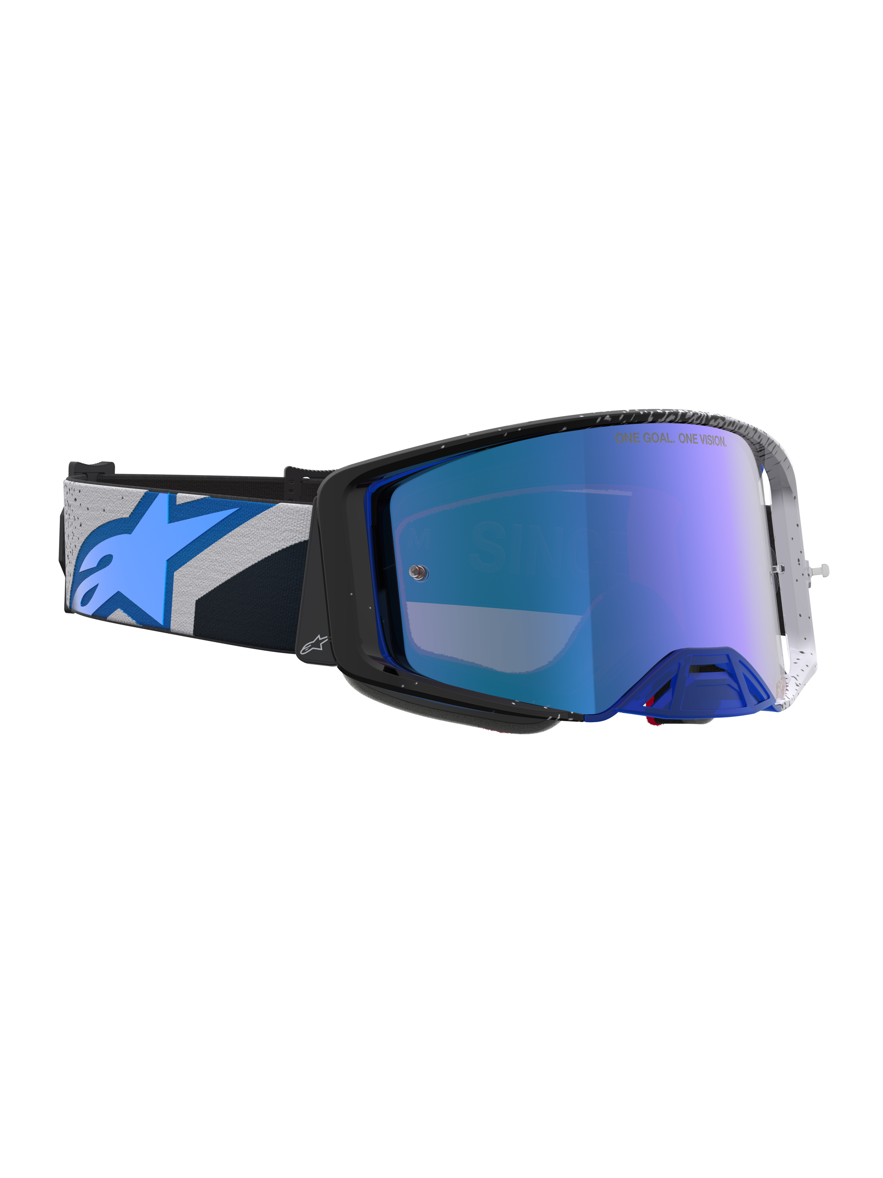 Alpinestars Supertech Hiten, gogle motocrossowe, czarne i niebieskie, niebieska lustrzana soczewka, regulowany pasek z logo, sprzęt off-road