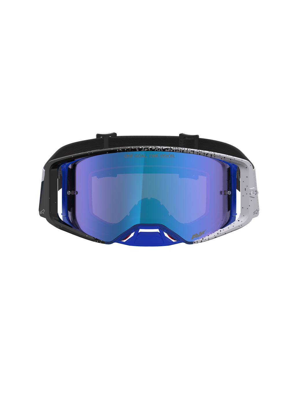 Gogle Alpinestars Supertech Hiten, profesjonalne gogle motocrossowe, niebieskie i czarne, lustrzana soczewka i nakrapiana oprawka, zaawansowana ochrona oczu off-road.