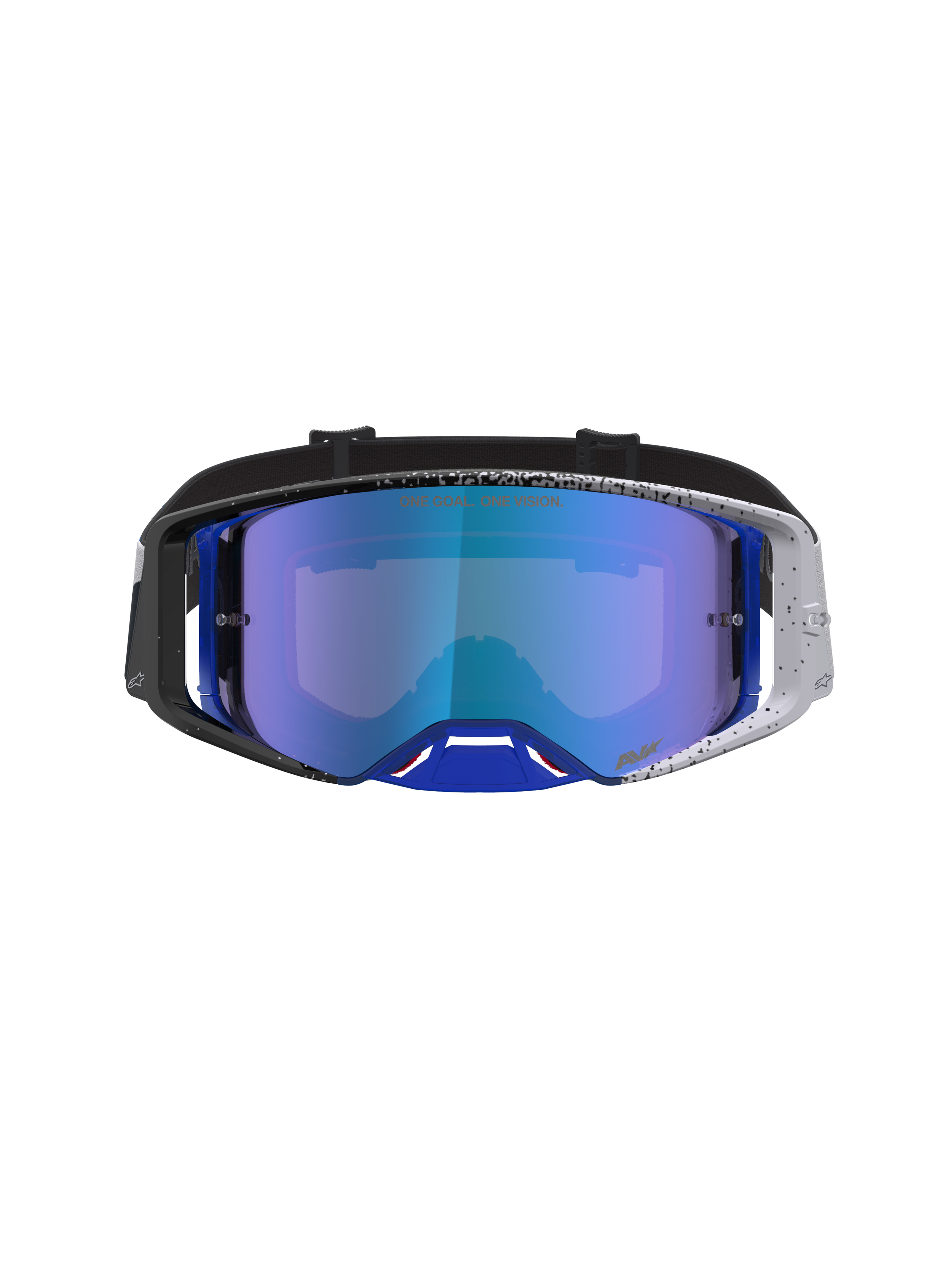 Gogle Alpinestars Supertech Hiten, profesjonalne gogle motocrossowe, niebieskie i czarne, lustrzana soczewka i nakrapiana oprawka, zaawansowana ochrona oczu off-road.