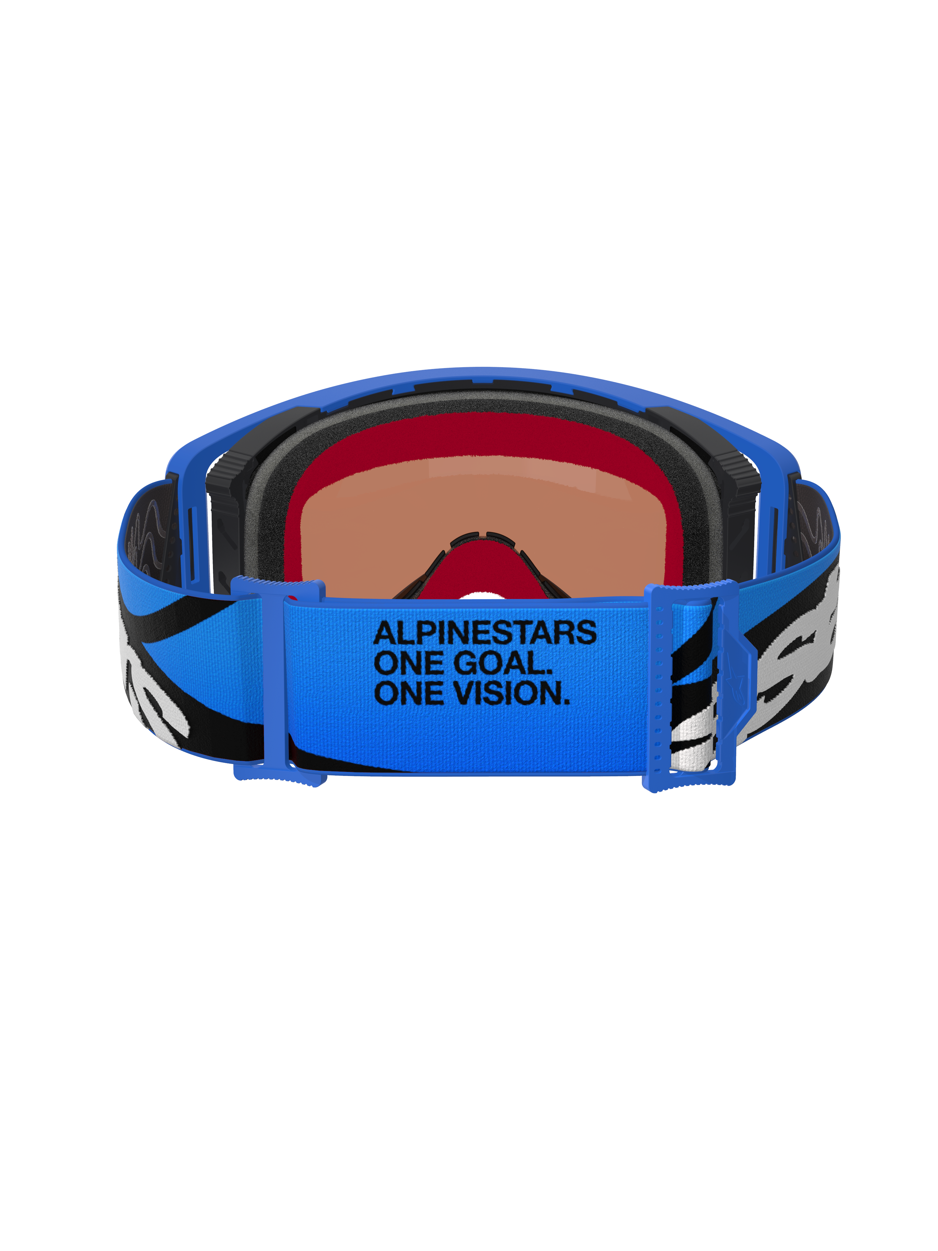 Gogle Alpinestars Supertech Stream, gogle motocrossowe, Blue Mirror Blue, widok od tyłu przedstawiający niebieski regulowany pasek z czarno-białą grafiką i napisem „ALPINESTARS ONE GOAL. ONE VISION.”, wielowarstwowa pianka twarzowa zapewniająca komfort i uszczelnienie