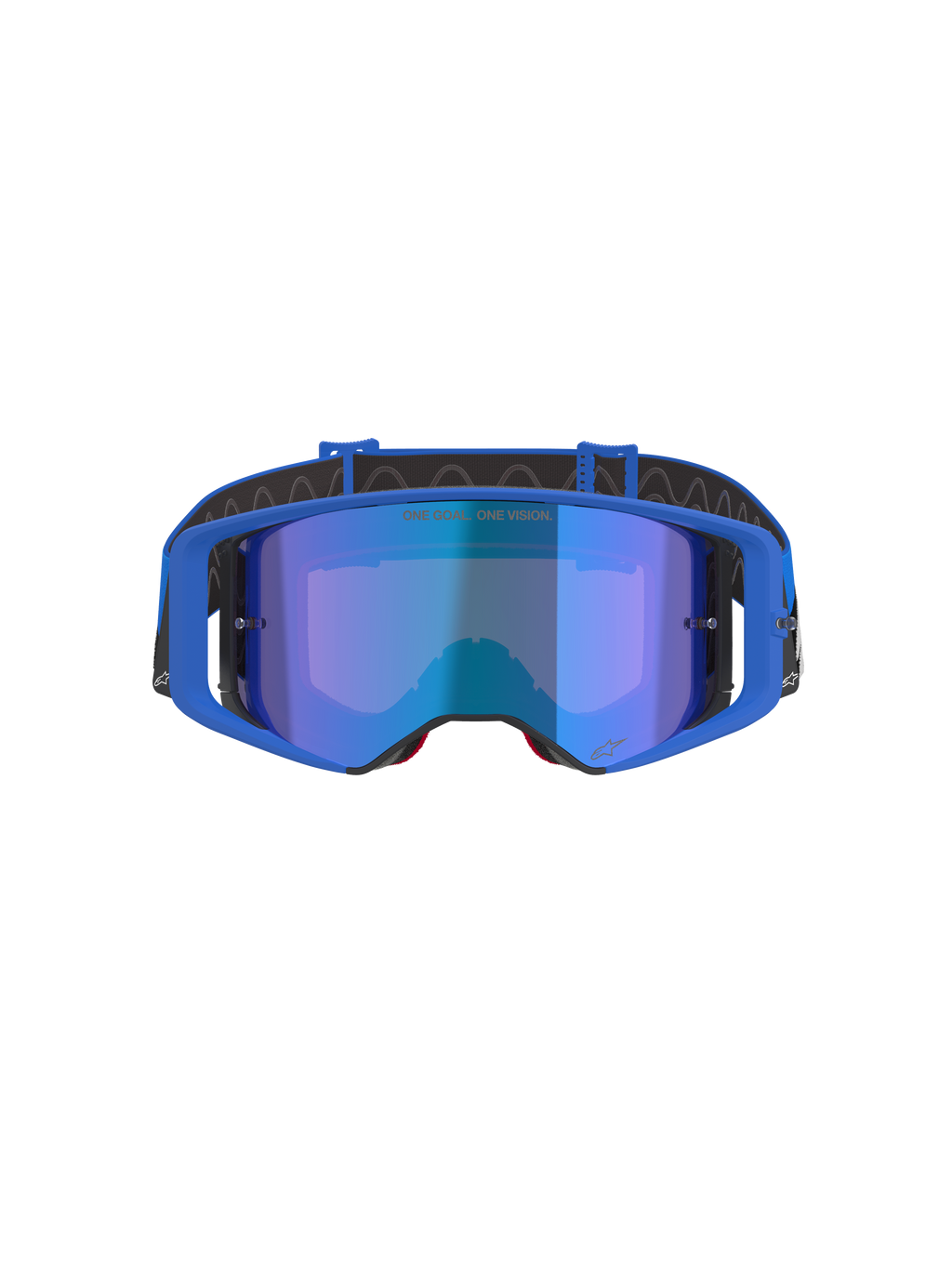 Alpinestars Supertech Stream Goggles, gogle motocrossowe, niebieska lustrzana soczewka z niebieską oprawką, widok z przodu, czarny pasek z białym logo, napis „ONE GOAL... ONE VISION.” na soczewce, wysokowydajne gogle do wyścigów terenowych
