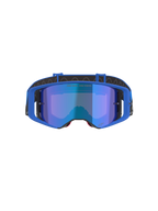 Alpinestars Supertech Stream Goggles, gogle motocrossowe, niebieska lustrzana soczewka z niebieską oprawką, widok z przodu, czarny pasek z białym logo, napis „ONE GOAL... ONE VISION.” na soczewce, wysokowydajne gogle do wyścigów terenowych