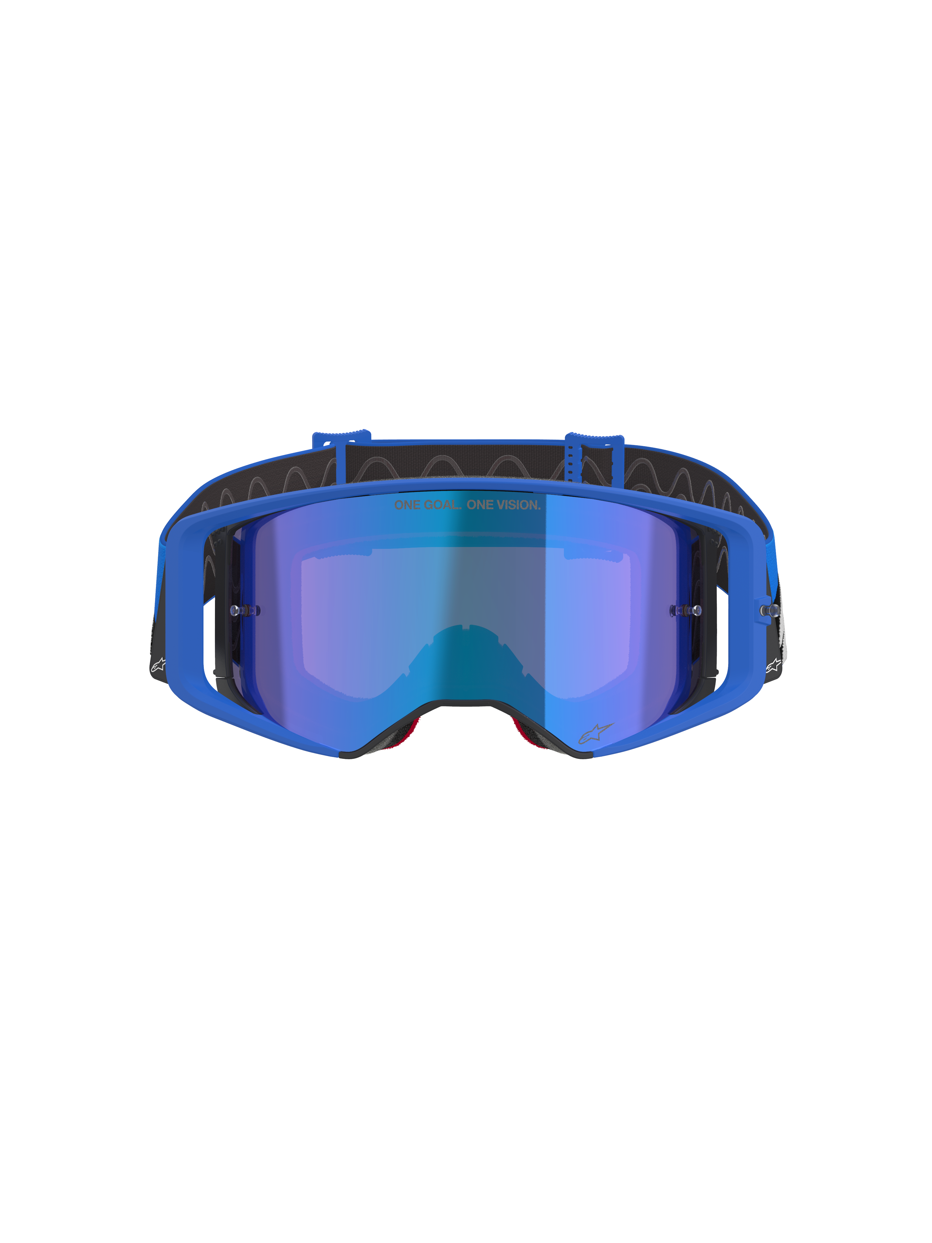 Alpinestars Supertech Stream Goggles, gogle motocrossowe, niebieska lustrzana soczewka z niebieską oprawką, widok z przodu, czarny pasek z białym logo, napis „ONE GOAL... ONE VISION.” na soczewce, wysokowydajne gogle do wyścigów terenowych