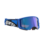 Gogle Alpinestars Supertech Stream, Blue Mirror Blue, gogle motocrossowe z niebieską oprawką i niebieską lustrzaną soczewką, niebiesko-czarny regulowany pasek z wyraźnym białym logo Alpinestars, profesjonalne gogle do wyścigów off-road.