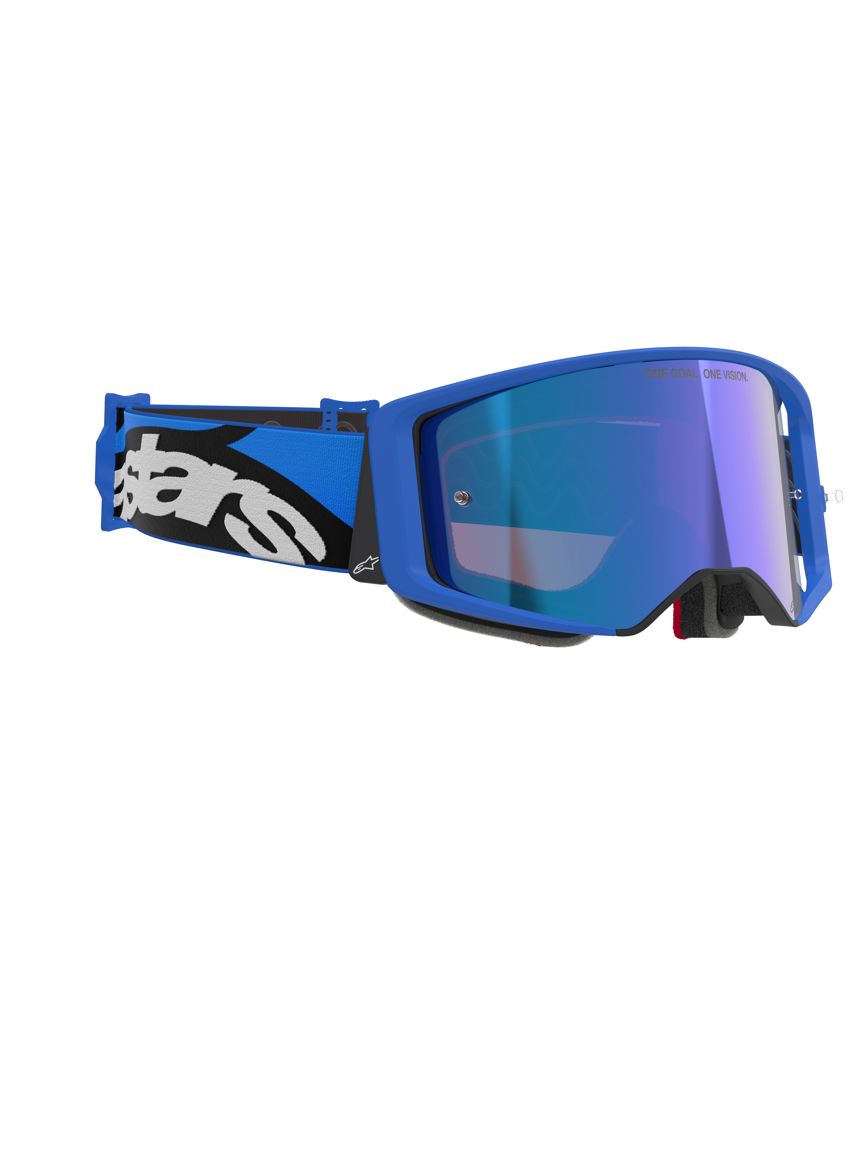 Gogle Alpinestars Supertech Stream, Blue Mirror Blue, gogle motocrossowe z niebieską oprawką i niebieską lustrzaną soczewką, niebiesko-czarny regulowany pasek z wyraźnym białym logo Alpinestars, profesjonalne gogle do wyścigów off-road.