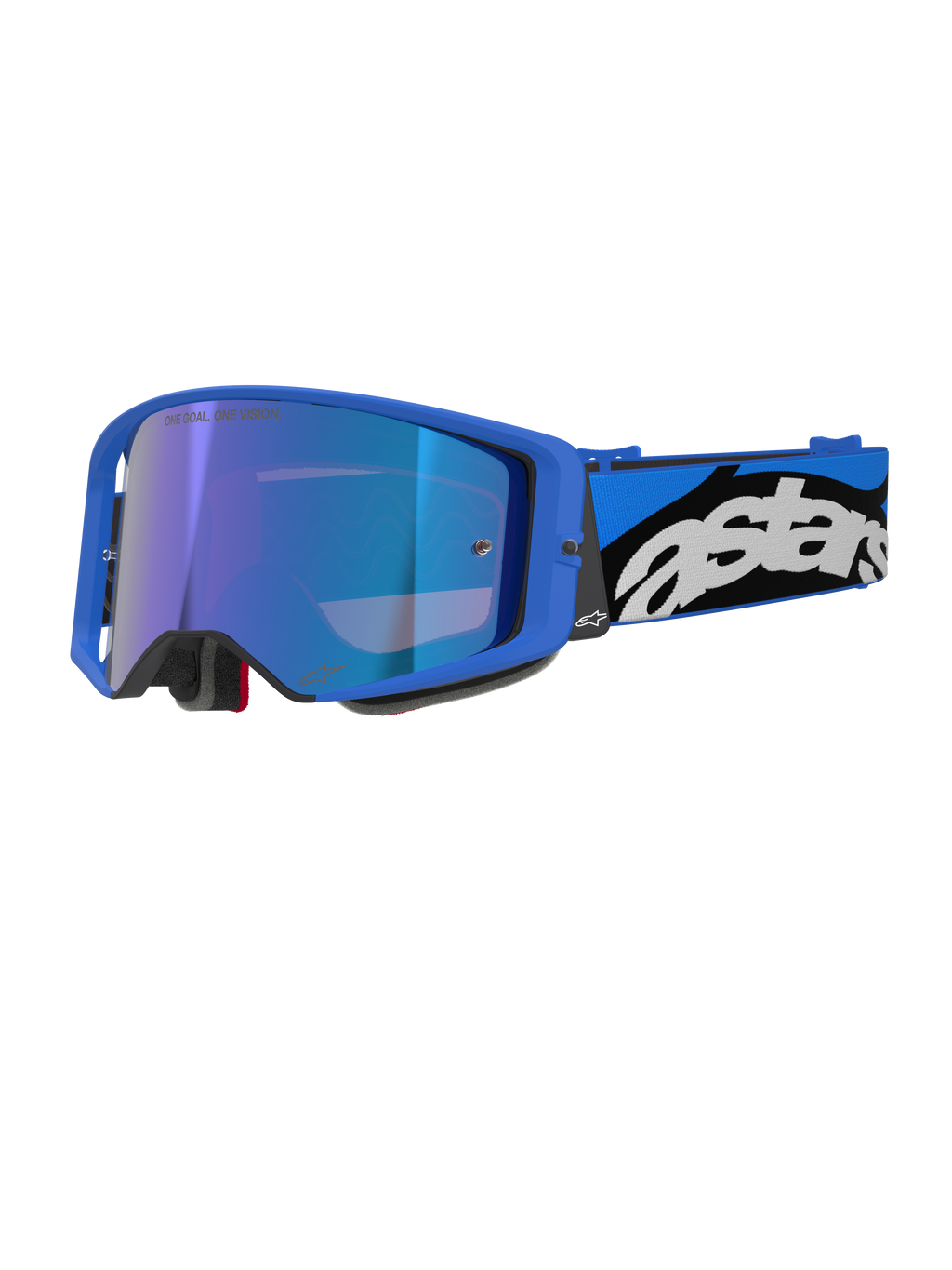 Alpinestars Supertech Stream, gogle motocrossowe off-road, jasnoniebieska oprawka z niebieską lustrzaną szybką, szeroki niebiesko-czarny pasek z białym logo Astars, szara piankowa wyściółka, profesjonalny sprzęt wyścigowy