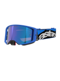 Alpinestars Supertech Stream, gogle motocrossowe off-road, jasnoniebieska oprawka z niebieską lustrzaną szybką, szeroki niebiesko-czarny pasek z białym logo Astars, szara piankowa wyściółka, profesjonalny sprzęt wyścigowy