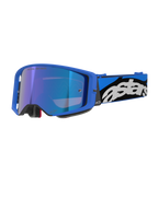 Alpinestars Supertech Stream, gogle motocrossowe off-road, jasnoniebieska oprawka z niebieską lustrzaną szybką, szeroki niebiesko-czarny pasek z białym logo Astars, szara piankowa wyściółka, profesjonalny sprzęt wyścigowy