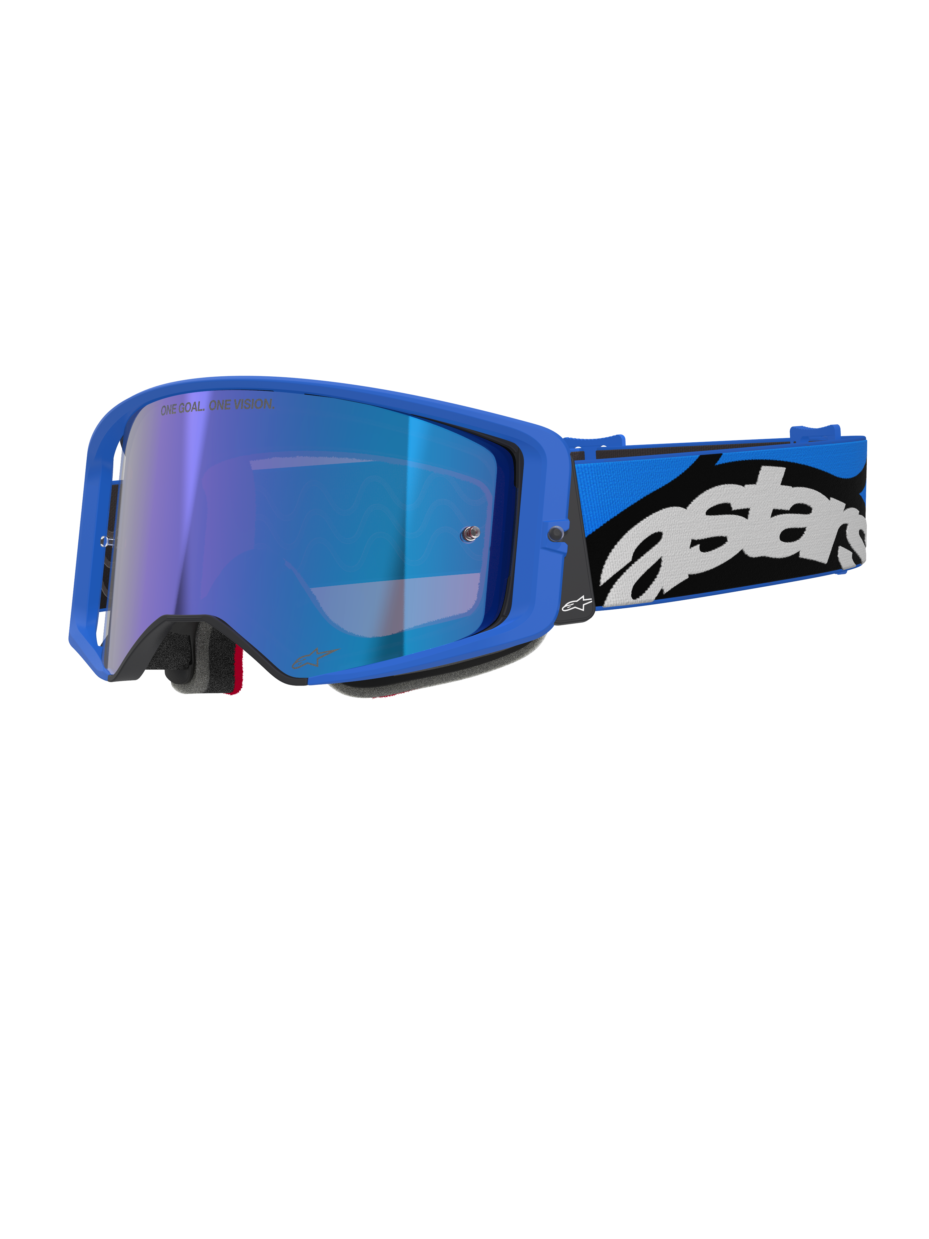 Alpinestars Supertech Stream, gogle motocrossowe off-road, jasnoniebieska oprawka z niebieską lustrzaną szybką, szeroki niebiesko-czarny pasek z białym logo Astars, szara piankowa wyściółka, profesjonalny sprzęt wyścigowy