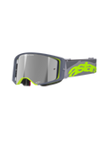 Alpinestars Supertech Stream Goggles, gogle motocrossowe MX, szare i jaskrawożółte, z lustrzanymi srebrnymi soczewkami, szeroką kanciastą oprawką z piankową wyściółką oraz regulowanym paskiem z wyrazistym neonowym brandingiem.