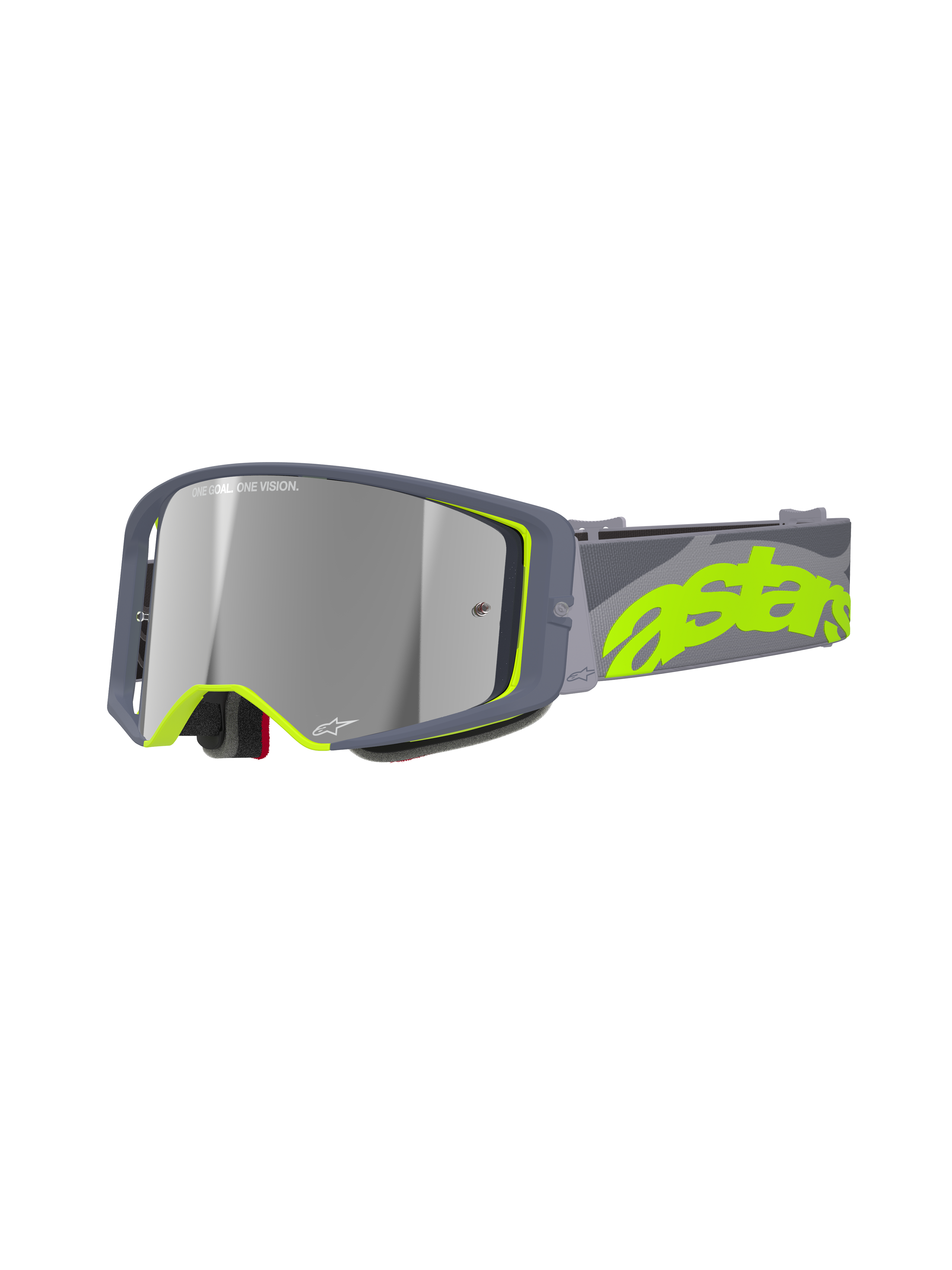 Alpinestars Supertech Stream Goggles, gogle motocrossowe MX, szare i jaskrawożółte, z lustrzanymi srebrnymi soczewkami, szeroką kanciastą oprawką z piankową wyściółką oraz regulowanym paskiem z wyrazistym neonowym brandingiem.