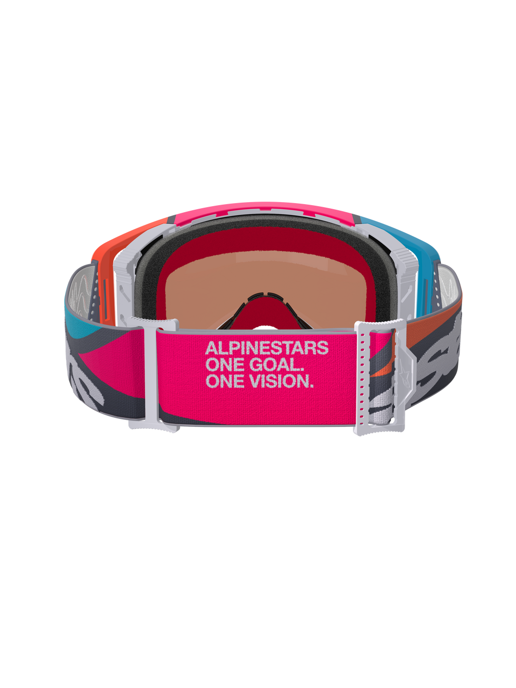 Alpinestars Supertech Stream Goggles, widok z tyłu ukazujący szeroki różowo-szary pasek z brandingiem 'ALPINESTARS ONE GOAL. ONE VISION.', wielokolorowa oprawka w kolorach pomarańczowym i niebieskim, formowana w 3D pianka, profesjonalne gogle motocrossowe i terenowe