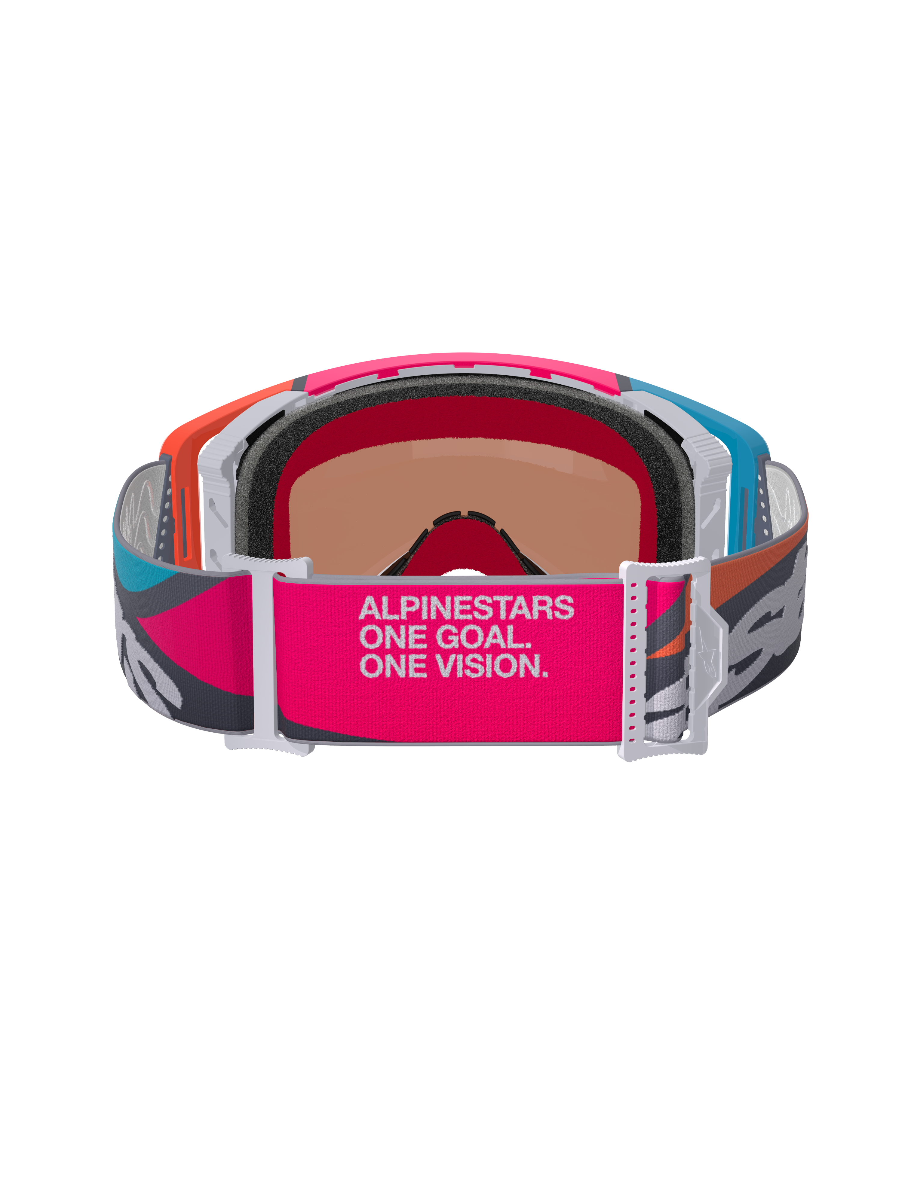Alpinestars Supertech Stream Goggles, widok z tyłu ukazujący szeroki różowo-szary pasek z brandingiem 'ALPINESTARS ONE GOAL. ONE VISION.', wielokolorowa oprawka w kolorach pomarańczowym i niebieskim, formowana w 3D pianka, profesjonalne gogle motocrossowe i terenowe