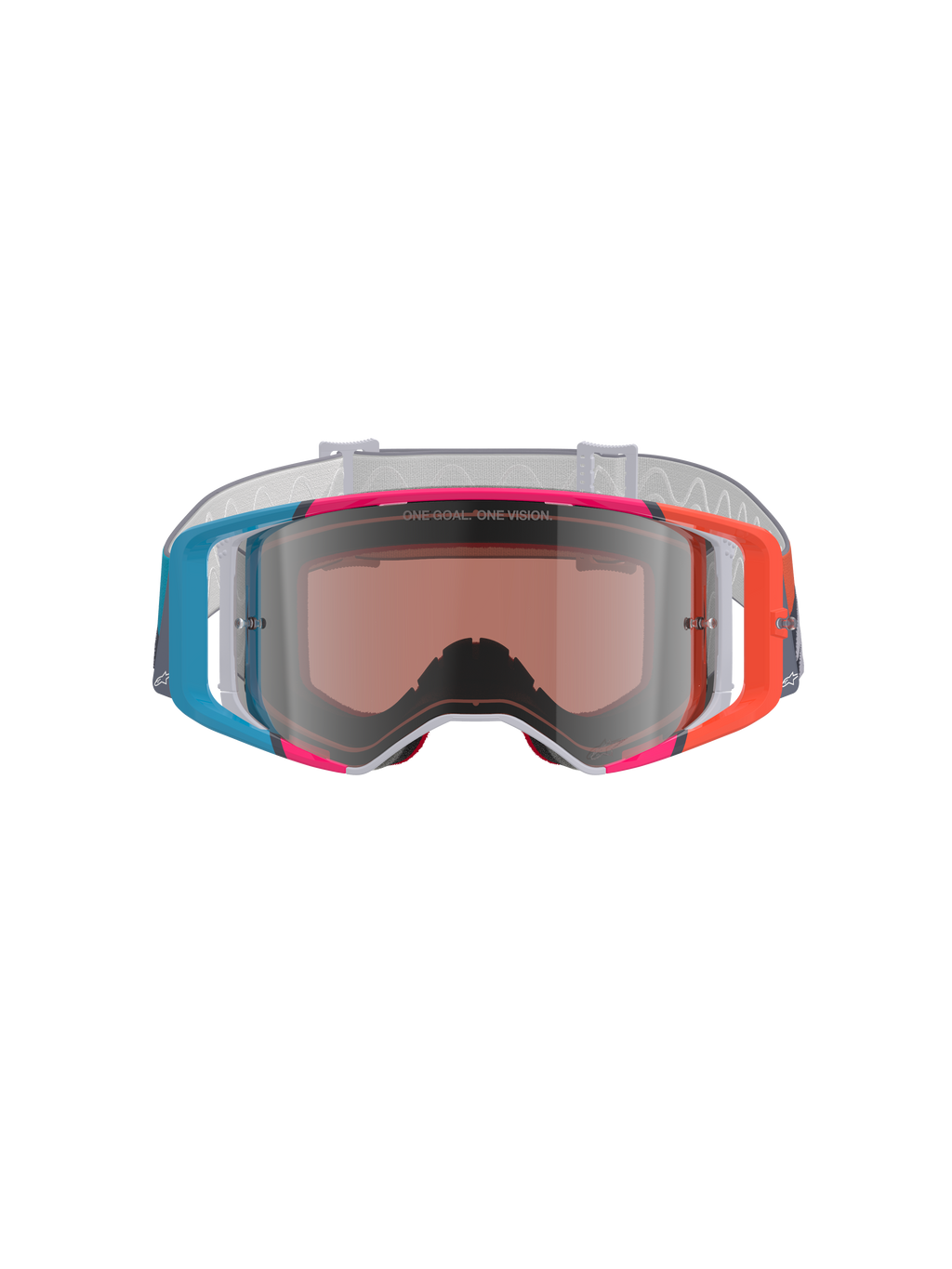 Gogle Alpinestars Supertech Stream, gogle motocrossowe, wielokolorowa oprawka z niebieskimi, pomarańczowymi i różowymi akcentami, srebrna lustrzana soczewka z napisem „ONE GOAL. ONE VISION.”, biały wzorzysty pasek, wysokiej klasy ochrona oczu do wyścigów terenowych
