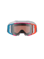 Gogle Alpinestars Supertech Stream, gogle motocrossowe, wielokolorowa oprawka z niebieskimi, pomarańczowymi i różowymi akcentami, srebrna lustrzana soczewka z napisem „ONE GOAL. ONE VISION.”, biały wzorzysty pasek, wysokiej klasy ochrona oczu do wyścigów terenowych