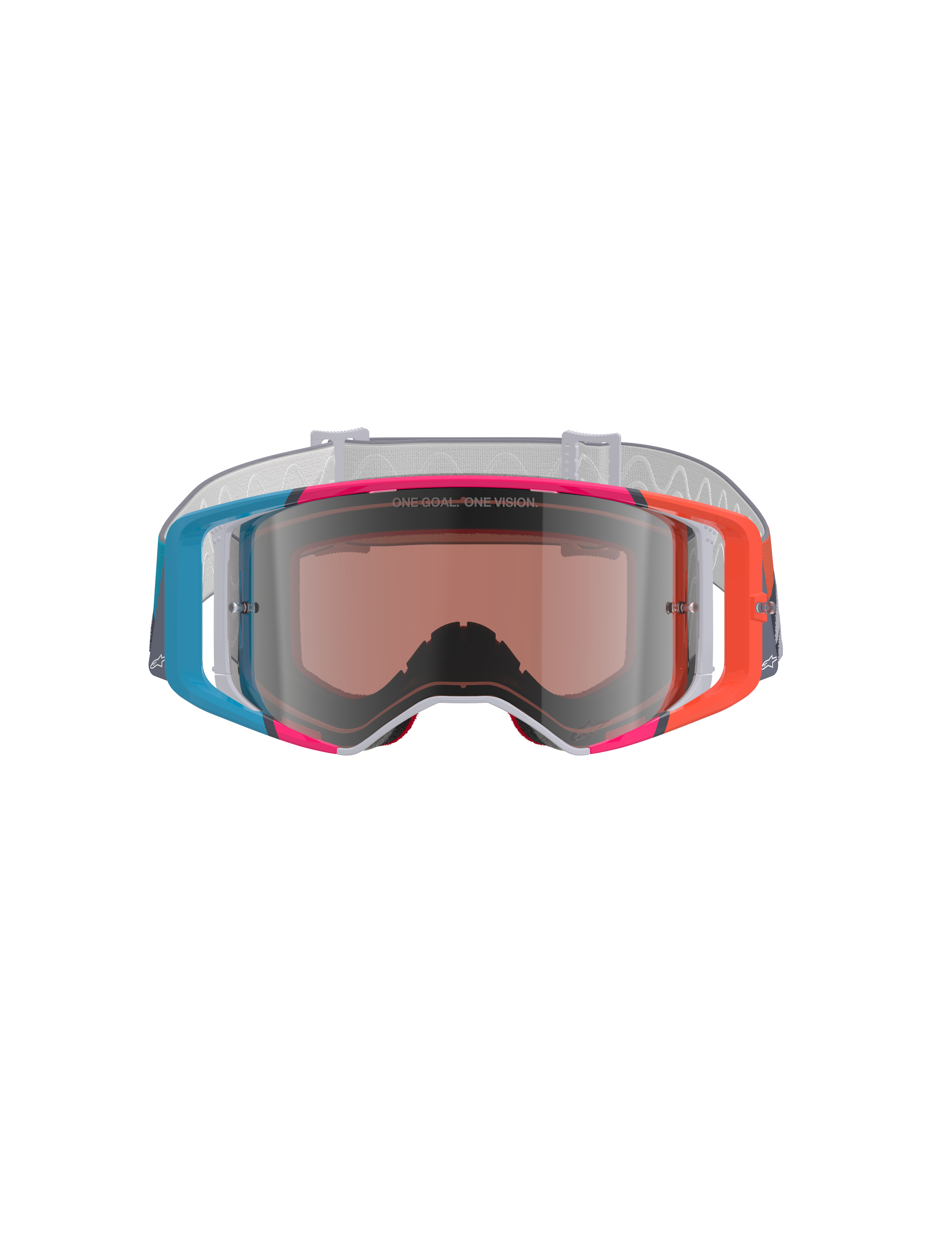 Gogle Alpinestars Supertech Stream, gogle motocrossowe, wielokolorowa oprawka z niebieskimi, pomarańczowymi i różowymi akcentami, srebrna lustrzana soczewka z napisem „ONE GOAL. ONE VISION.”, biały wzorzysty pasek, wysokiej klasy ochrona oczu do wyścigów terenowych