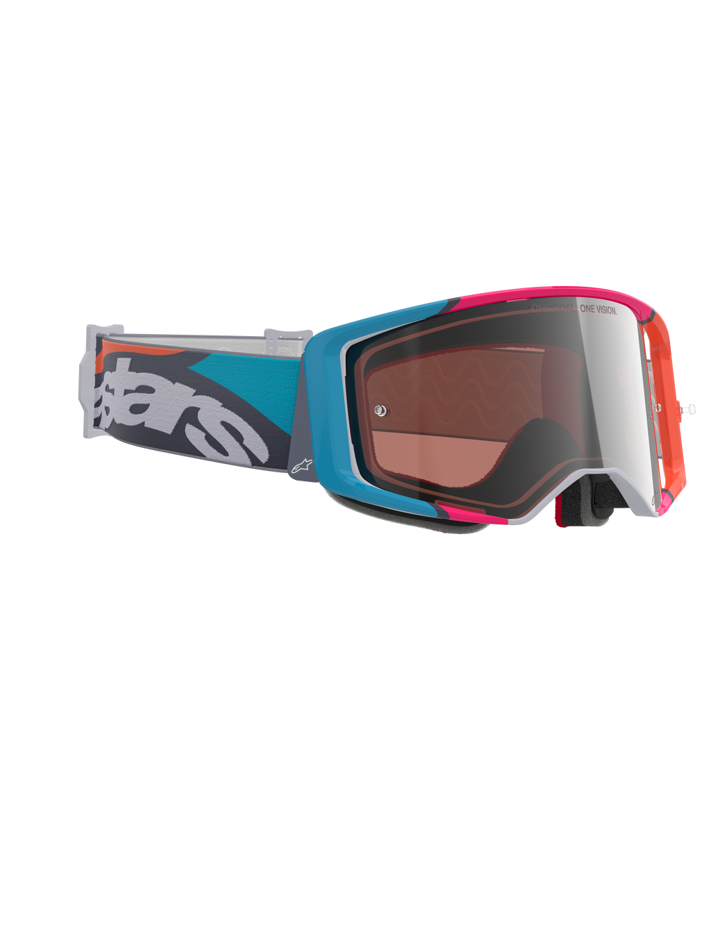 Alpinestars Supertech Stream Goggles, gogle motocrossowe, szara oprawka z niebieskimi i różowymi akcentami, srebrna lustrzana soczewka Multi Mirror, morski i szary pasek z wyraźnym białym logo, wysokowydajne gogle do wyścigów terenowych