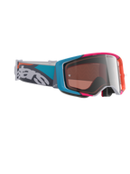 Alpinestars Supertech Stream Goggles, gogle motocrossowe, szara oprawka z niebieskimi i różowymi akcentami, srebrna lustrzana soczewka Multi Mirror, morski i szary pasek z wyraźnym białym logo, wysokowydajne gogle do wyścigów terenowych