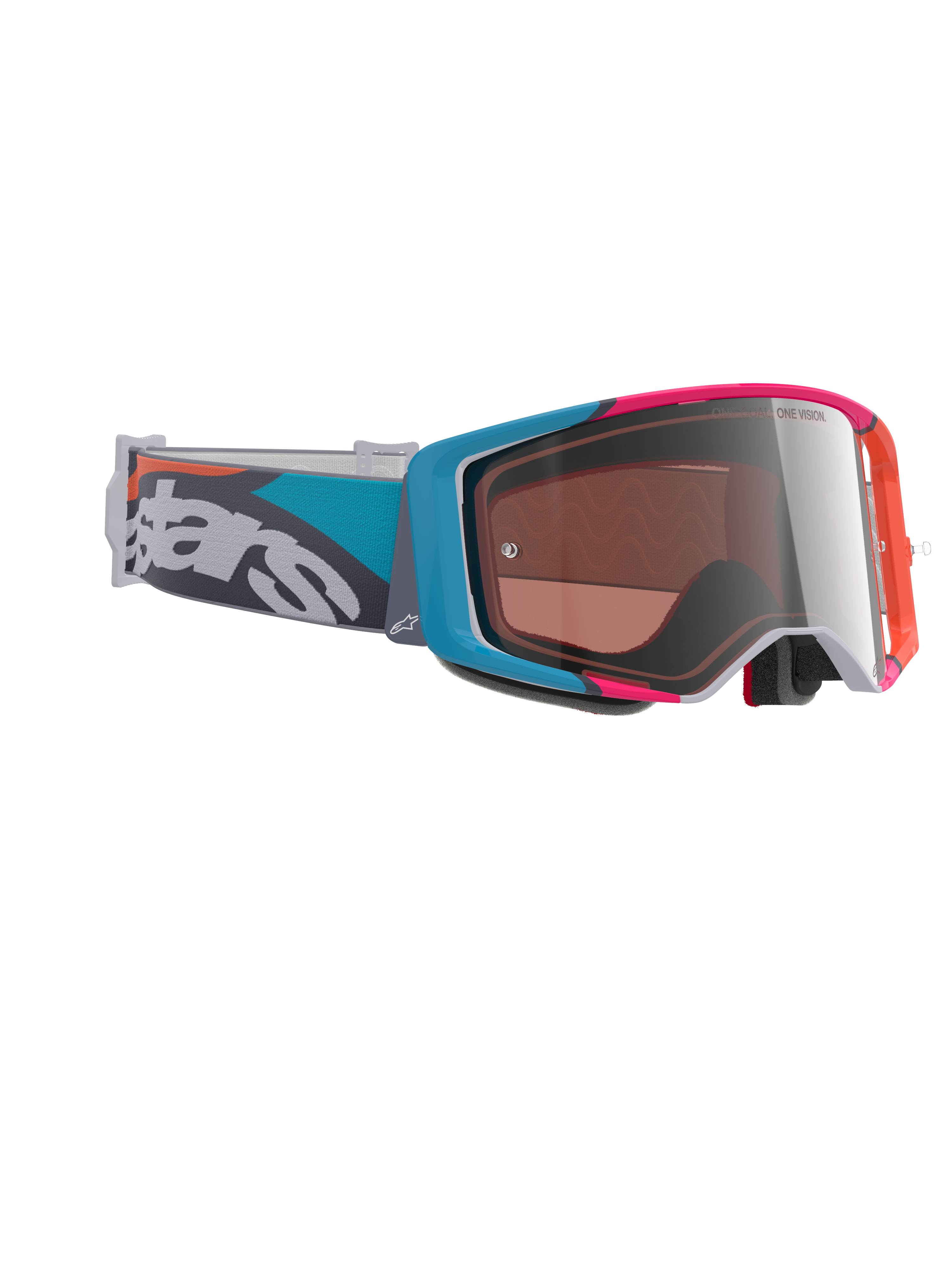 Alpinestars Supertech Stream Goggles, gogle motocrossowe, szara oprawka z niebieskimi i różowymi akcentami, srebrna lustrzana soczewka Multi Mirror, morski i szary pasek z wyraźnym białym logo, wysokowydajne gogle do wyścigów terenowych