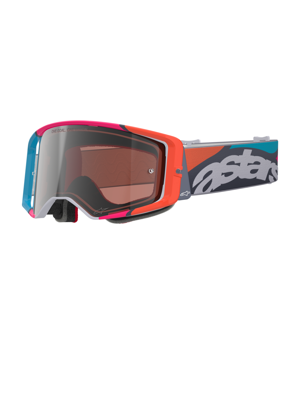 Gogle Alpinestars Supertech Stream, szara oprawka z żywymi czerwonymi i niebieskimi akcentami, srebrna lustrzana soczewka Multi Mirror Silver, gruba wyściółka z pianki, regulowany pasek z wyrazistym białym napisem „astars” i kolorowymi wzorami geometrycznymi, profesjonalna ochrona oczu do motocrossu.