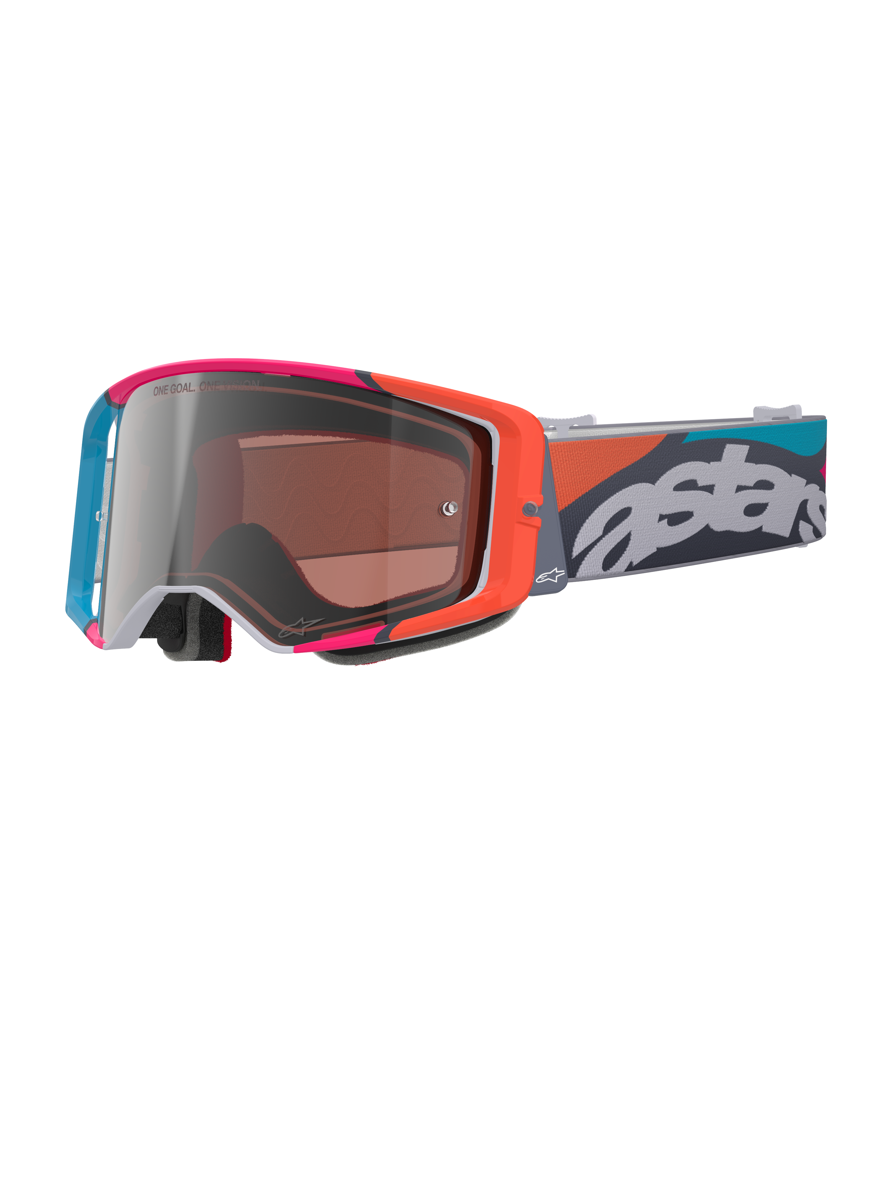 Gogle Alpinestars Supertech Stream, szara oprawka z żywymi czerwonymi i niebieskimi akcentami, srebrna lustrzana soczewka Multi Mirror Silver, gruba wyściółka z pianki, regulowany pasek z wyrazistym białym napisem „astars” i kolorowymi wzorami geometrycznymi, profesjonalna ochrona oczu do motocrossu.