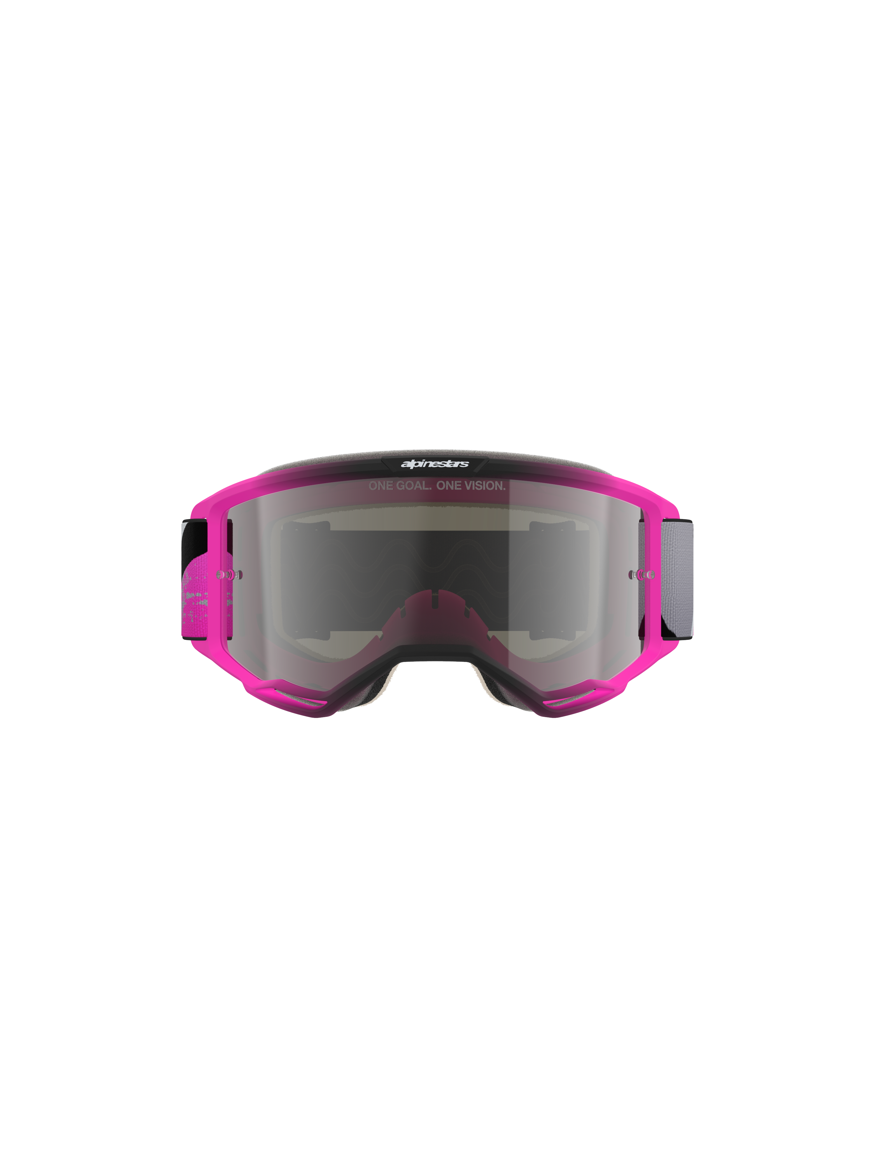 Gogle Alpinestars Vision 5 Lahnd, gogle motocrossowe, kolor Iron Pink Fluo ze srebrną lustrzaną szybką, jaskraworóżowa oprawka, napis „ONE GOAL. ONE VISION.”, smukły aerodynamiczny design do wyścigów off-road